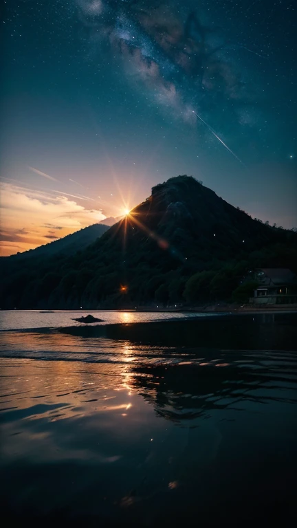 imagine prompt: Viral anime nature wallpaper in 4K quality, in the style of photography with a 35mm lens inspired by Keiichi Hara, capturing a serene beach at twilight with gentle waves, a sky that transitions from orange to deep blue, and a silhouette of ...