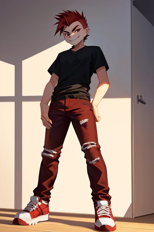 smirking, short spiky hair, wearing a red jacket, black t-shirt, and distressed jeans, oversized white and red shoes, standing pose with one arm extended, looking to the side, animated anthropomorphic character with smooth fur, indoor setting with a plain ...