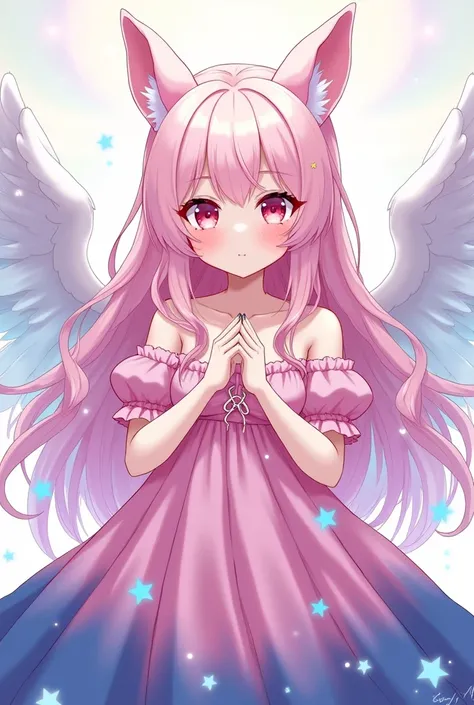 create for me an art in the Korean manga lines of a girl with light pink hair and bunny ears, with pink eyes, the appearance of an angelic cat. She is wearing a pink dress with a navy blue gradient and her hands are in front of her body, her fingertips tou...