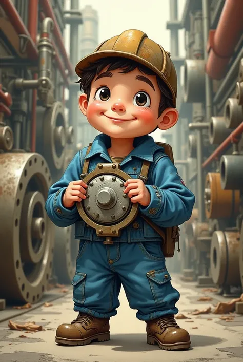 a drawing of a little man of a mechanical engineer with a safety valve in his hand.