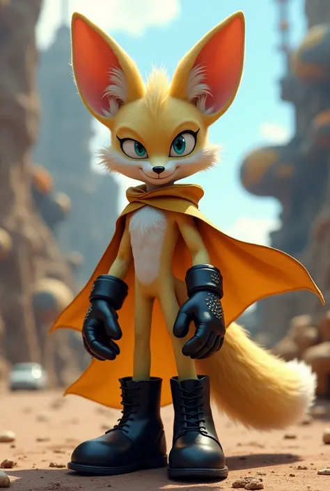 Create an anthropomorphic male fennec fox with a cape, black boots and gloves, lighter fur color and with a look based on the characters from the Sonic series and not similar to Tails