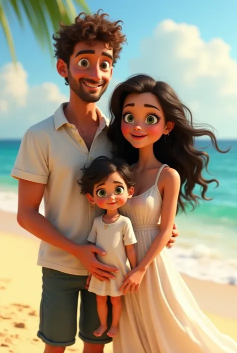 A family on the beach, pixar style. Dad has brown curly hair, big green eyes, Without beard. Mom has straight hair, long and black, big black eyes. La niña tiene big green eyes, brown curly hair. They are all dressed in white and white skin.