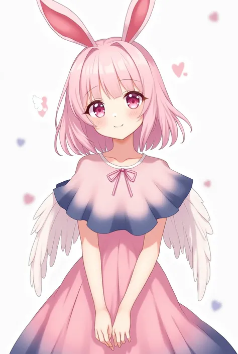 create for me an art in Korean manga lines of a girl with light pink hair and cute bunny ears, with pink eyes, the appearance of an angelic girl. She is wearing a pink dress with a navy blue gradient and her hands are in front of her body, her fingertips t...