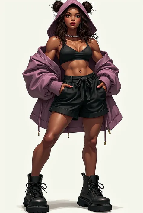 Muscular mulatto female character with a sweet outfit with a hood in a zip, very large black shorts and Japanese style tongue with platform, tights to the knees, brown hair, black eyes, eccentric, of average height, mysterious 