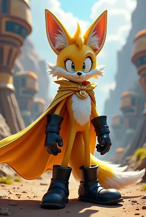 Create an anthropomorphic male fennec fox with a cape, black boots and gloves, lighter fur color and with a look based on the characters from the Sonic series and not similar to Tails