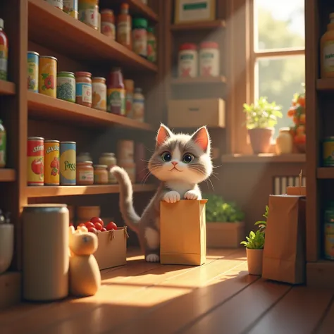 (Inside of building + shop+ shelves full of groceries around + one cute cat with paper bag+ cat shocked + shocked cat + close up photo + photorealism + 8k + full hd + 4k)