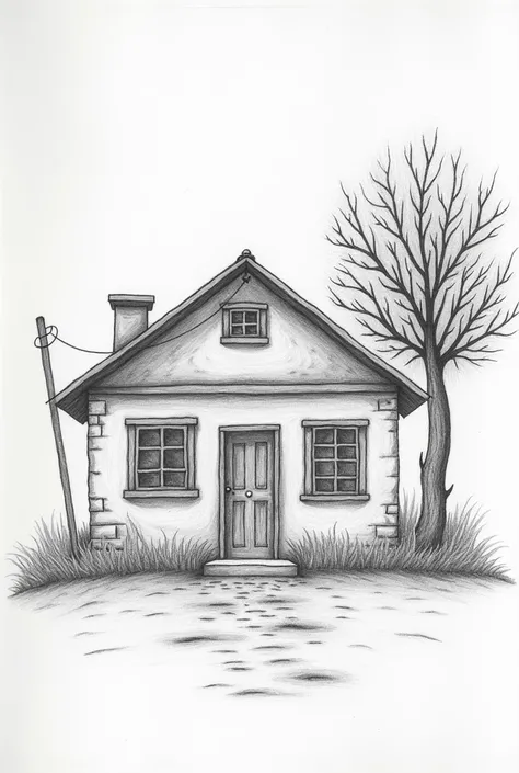 Draw me a picture of a house in El Salvador, San Vicente spring colony pencil drawing style made by a  boy, that it is a somewhat poorly done drawing, not perfect, with errors and everything and add to the drawing background as if it were a photograph take...