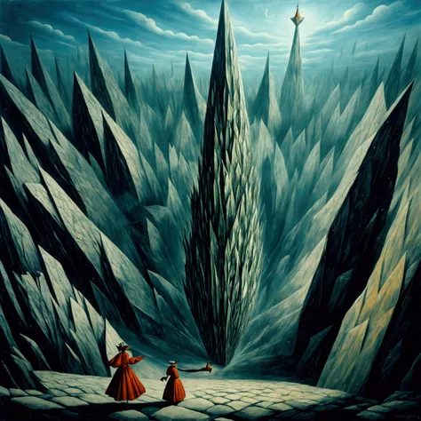 A Remedios Varo inspired-style painting of a woman falling from a precious tower into a big crystal pit, dark, avant-garde