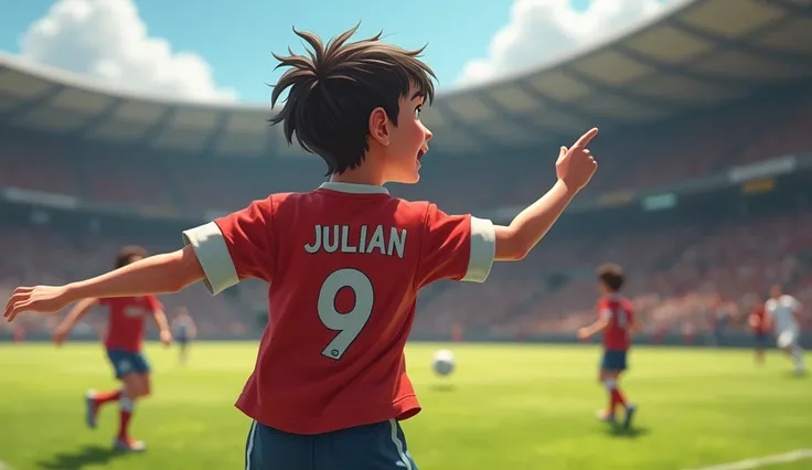 Young Julian with his disheveled hair and white skin color and wearing a red shirt with white sleeves and the number 9 on the back scores a goal. 