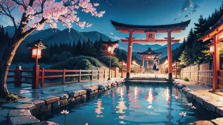 girls in hot spring, nostalgic, beautiful painting, night, hot spring, torii gate, cherry blossom, cute girl