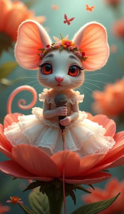 A beautiful mouse having red eyes having hairband on her head butterflies and flowers on it wearing bridal frock having mike on her hand sitting on a flower 