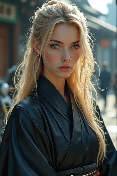 pretty Woman, blue eyed blonde, in samurai clothes, next to a motorcycle