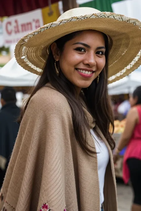 one mexican woman, on a mexican market, wearing a sombrero and poncho, raw photo, dslr,  (depth of field), traditional hair, pla...