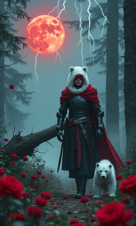 Male knight with a white hood with polar bear ears is having a walk with a baby polar bear in a forest while the moon shines, many Roses cover the ground and lightning falls from the sky. Only the man wears a red blindfold. In the background of the picture...