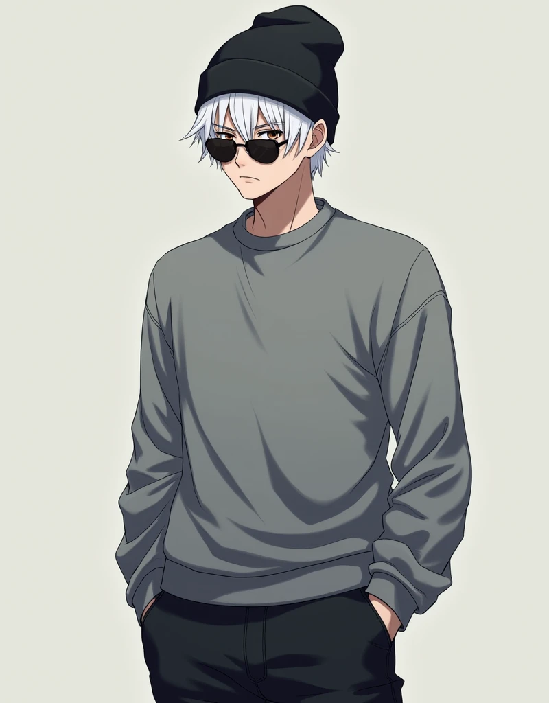 make a anime guy with white hair and a black beanie, he should wear sunglasses and wearing a gray sweater, he has black pants, he should be looking out to the distance