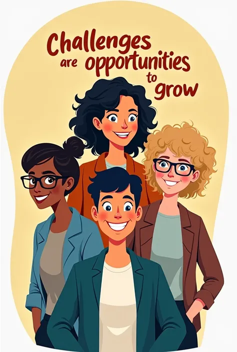  a cartoon with four people. At the front, there is one with short, dark hair. Behind him, there are three girls: one has curly, dark hair, wears glasses and her hair doesn&#39;t have much volume; another has curly hair and is white, also with little volum...