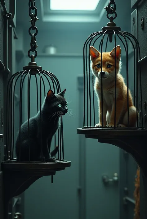 "A little black cat with blue eyes and a brown wolf cub, with brown eyes, They are in two metal cages that are elevated in a malevolent scientific laboratory.