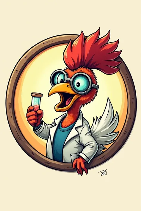 Make an instagram logo in a circle mode where I can see a little chicken with a test tube in his hand who has exploited because he was doing chemistry 