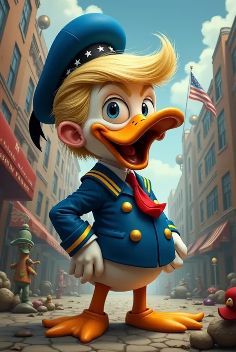 Create me a picture with Donald Tump as Donald duck  