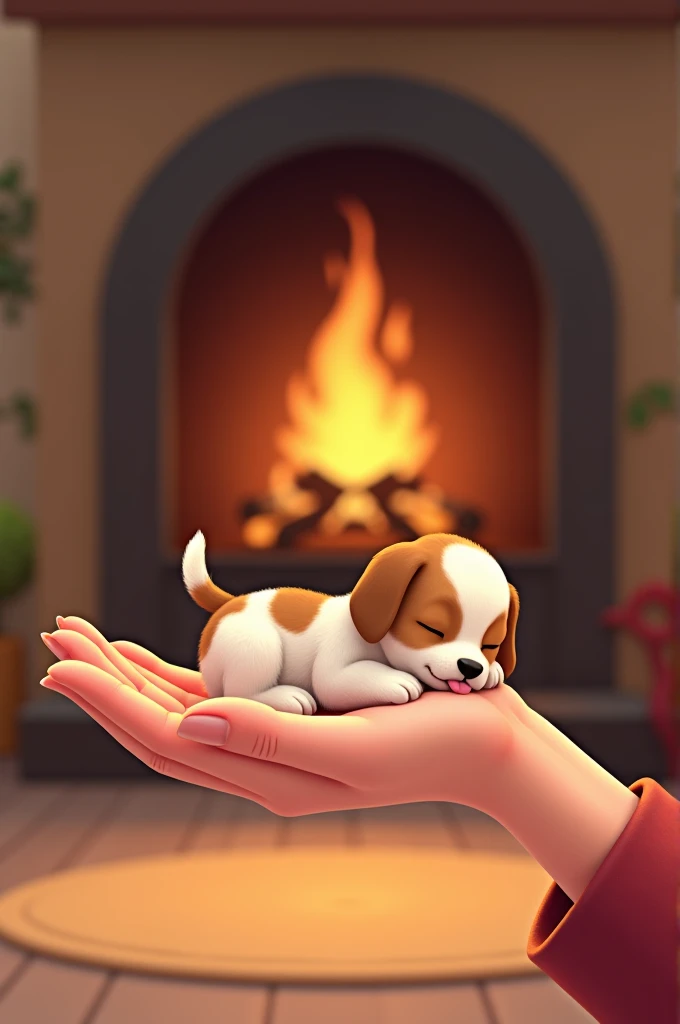 Here is the illustration of your small, brown and cream spotted puppy napping by the fire in a cozy 2D animation style. Siting on my open palm and raising one hand. With tongue out. 