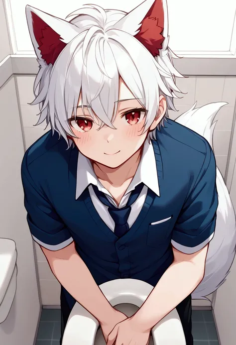 Cute boy in the toilet with white hair and red eyes, he has wolf ears and a wolf tail