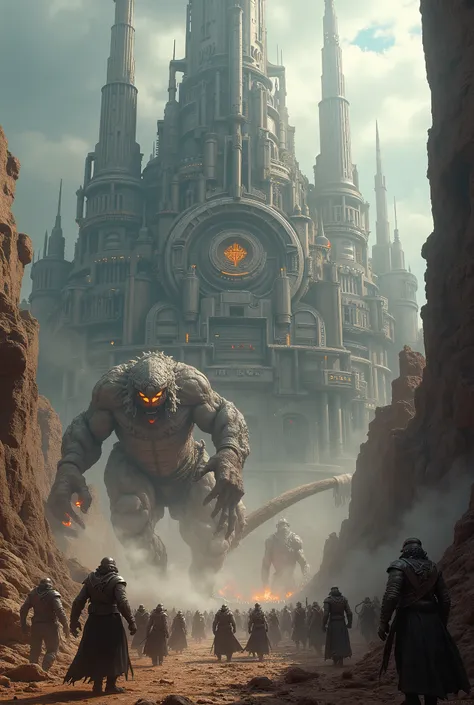 A Gigantic, Enclaved Technotheist Fortress City Kingdom, invaded by a Horde of Giants. A Monumental War Between The Technotheist Kingdom And A Horde Of Omnivorous Giants.