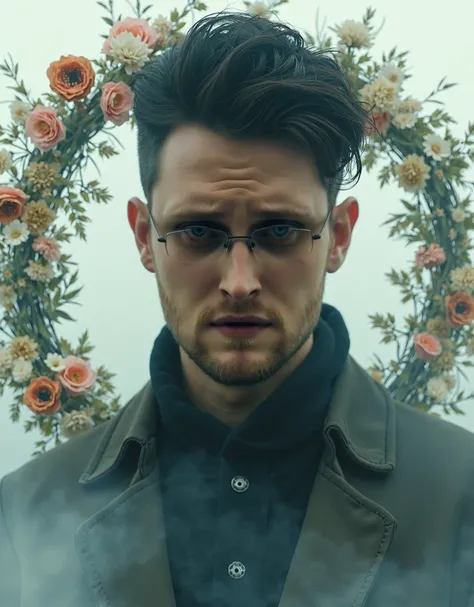 Looking into the frame, double exposure, brunette man with undercut haircut, flowers, wreath, стиль true detective
