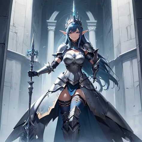 Masterpiece, High Resolution, Anatomically Correct, Best Quality, HD, High Details, High Quality, Anime Style, High Fantasy, solo character alone.
{{(:(A 22-years-old girl half-elf darkblue-haired queen),(she has: very messy dark-blue short hair, very pale...