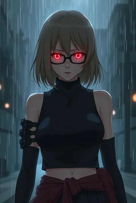 Create a female character in the style of Sasuke Uchiha, with light brown hair and black glasses, short preto, black sleeveless shirt, turtleneck and fingerless gloves, just closing the thumb with the three tomoe sharingan activated, in a night scene with ...