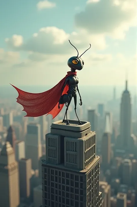 An ant in a cape on a skyscraper 