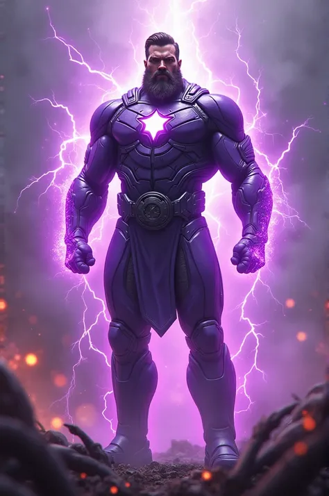 A superhero with purple power effect  wearing awesome superhero costume and he has beard release purple powerballs from his body to kill 1000 aliens with one strike and destruction everywhere