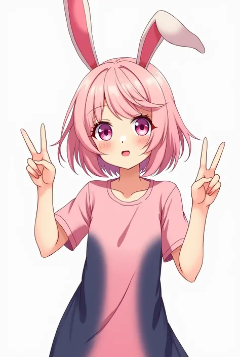 create for me an art in Korean manga lines of a girl with light pink hair and cute bunny ears, with pink eyes, the appearance of a teenage girl. She is wearing a pink dress with a navy blue gradient and making the victory symbol with her fingers.