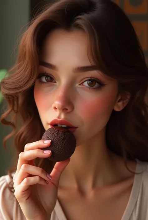 brunette woman eating brigadeiro