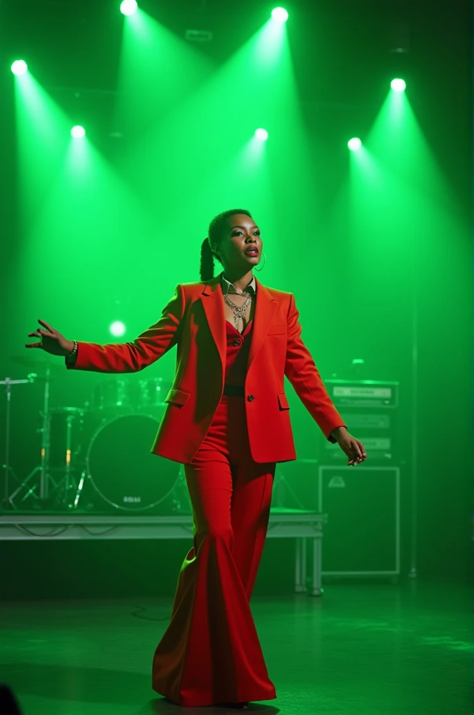 Funk singer dressed in red on a green-lit stage