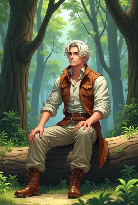 Realistic anime style drawing of an adult man, with light skin, red eyes, short shoulder length hair, white and light brown leather clothing. Sitting on a log in the forest drinking yerba mate