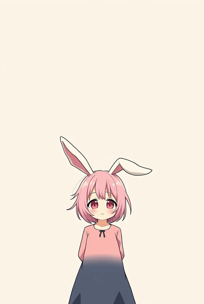 create for me an art in Korean manga lines of a girl with light pink hair and cute bunny ears, with pink eyes, the appearance of a teenage girl. She is wearing a pink dress with a navy blue gradient and her hands are behind her back..