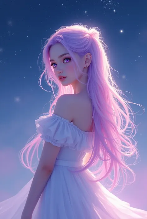 ((masterpiece,Highest quality)),(Negative Space:1.4),(One girl, alone:1.4),Beautiful attention to detail,Pastel pink and lavender hair floating, Lavender eyes, At night, Starry Sky, Shining Star