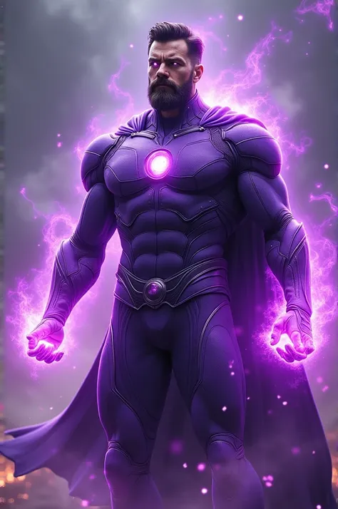 A superhero with purple power effect awesome superhero costume and he has beard release purple balls from his hand and his eyes turns into purple he throwing purple balls