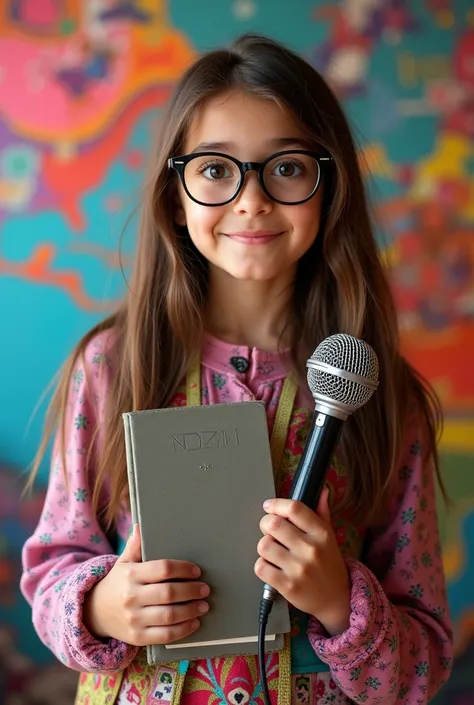 A girl with long straight brown hair wearing glasses and multi-colored clothing with an external microphone and a notebook. That the image is very colorful 