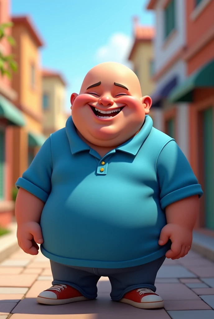 a smiling bald chubby cartoon-style character wearing a blue shirt, 3d, high resolution, HDR, (best quality,4k,8k,highres,masterpiece:1.2),ultra-detailed,(realistic,photorealistic,photo-realistic:1.37),digital art, vibrant colors. Vendedor com uma camisa p...