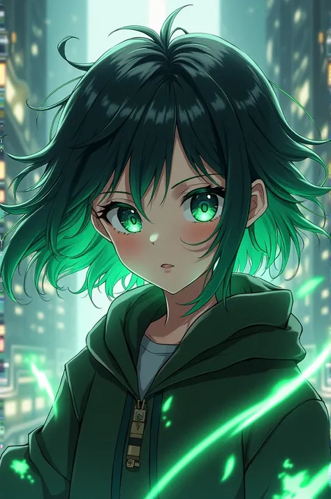 Anime character with dark hair and green hair