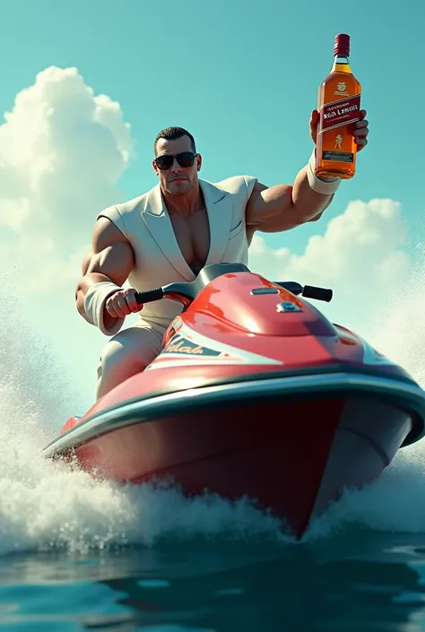 an image of Brutus Popeye mafioso riding a Jet Ski and holding a bottle of Johnnie Walker Red Label 1 liter Whiskey in 3d
