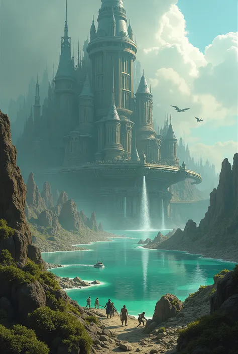 A Technotheist City Kingdom Fortress On A Gigantic Acid Lake, invaded by a Horde of Giants. A Monumental War Between The Technotheist Kingdom And A Horde Of Omnivorous Giants.