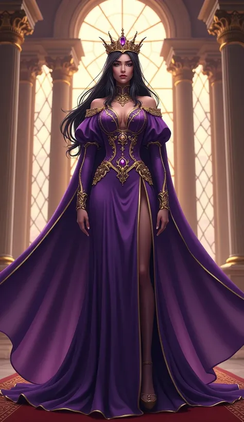 Create a detailed image of Queen Aldora from Suicide Squad Isekai. She is a regal and commanding figure, dressed in a flowing royal purple gown with gold accents. Her gown has intricate embroidery and a high collar that adds to her majestic appearance. She...