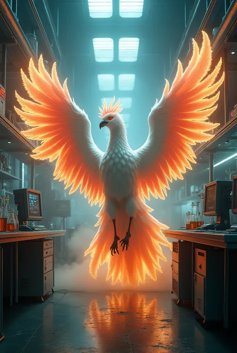 a magical white phoenix, red and yellow in a malevolent scientific laboratory 