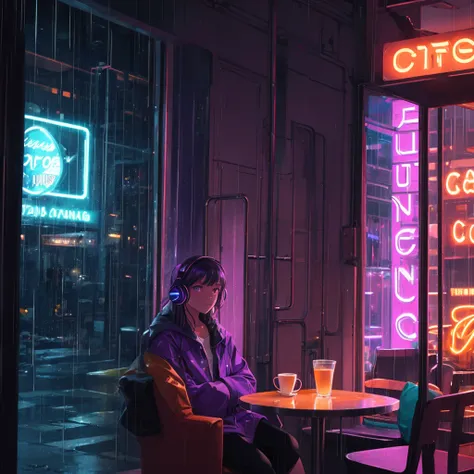 A character sitting in a comfortable armchair, using large headphones, looking out the window of a cafe on a rainy day. Rain forms droplets on the window, and the neon light of the cafe reflects slightly. on the wall, a neon sign with the text "Lofi Sessio...