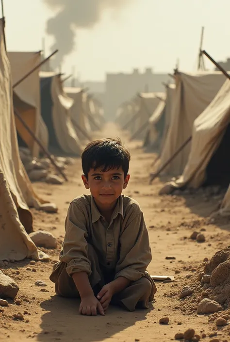 Draw a boy in gaza living in tents 