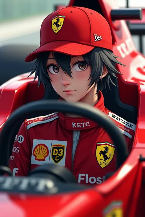 Create a  Formula 2 racer with medium hair and a Ferrari cap 