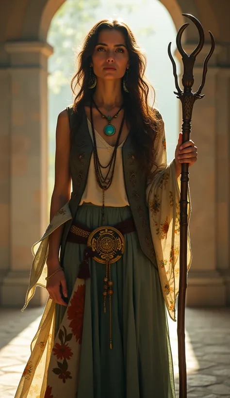 Full body in frame, priestess, Long wavy hair, turquoise necklace, sleeveless shirt with a decorative and colorful abstract pattern on the sleeve, medieval vest, upright pose, standing with a staff in her hand, soft lighting creating a warm atmosphere, fro...