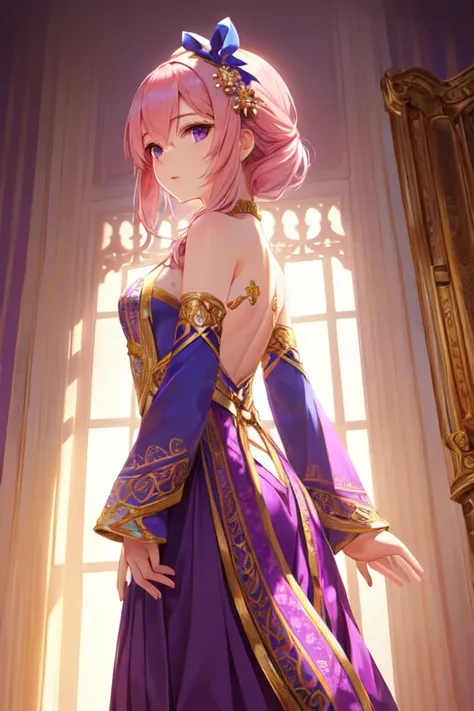 pink hair with hair accessories, adorned with blue ribbons, wearing a purple and gold outfit featuring intricate designs and cutouts, standing pose with back partially turned to the viewer, light coming from the right creating soft shadows, indoor setting ...